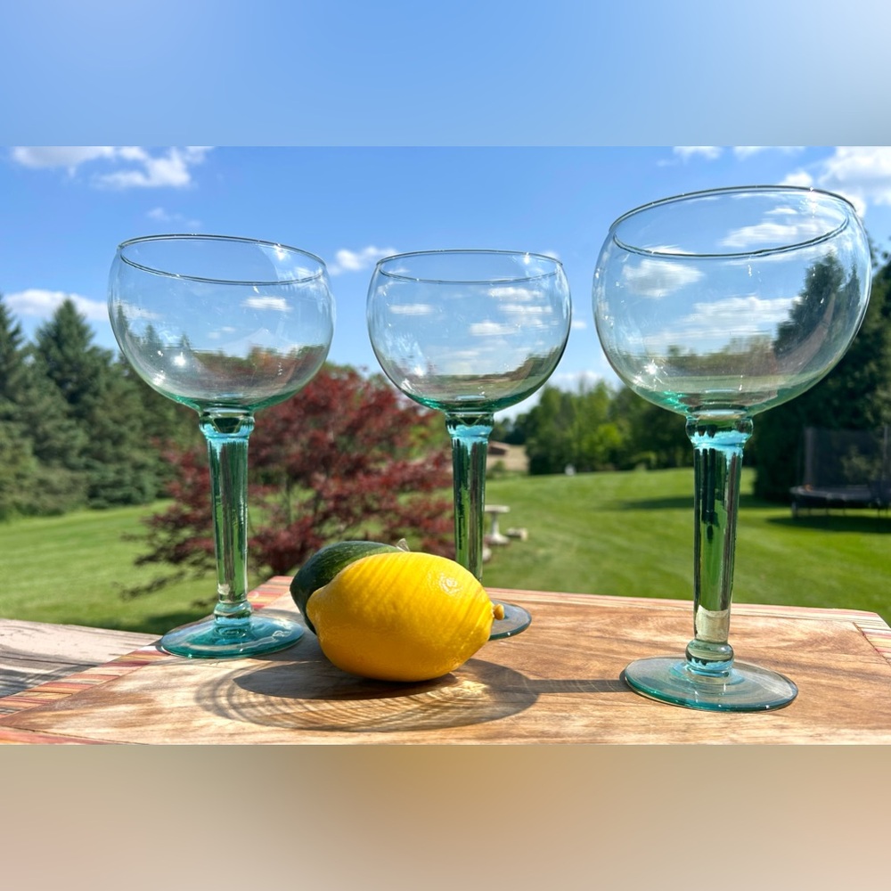 Vintage La Mediterranea Green Balloon Wine Glass Hand Blown  Set-3